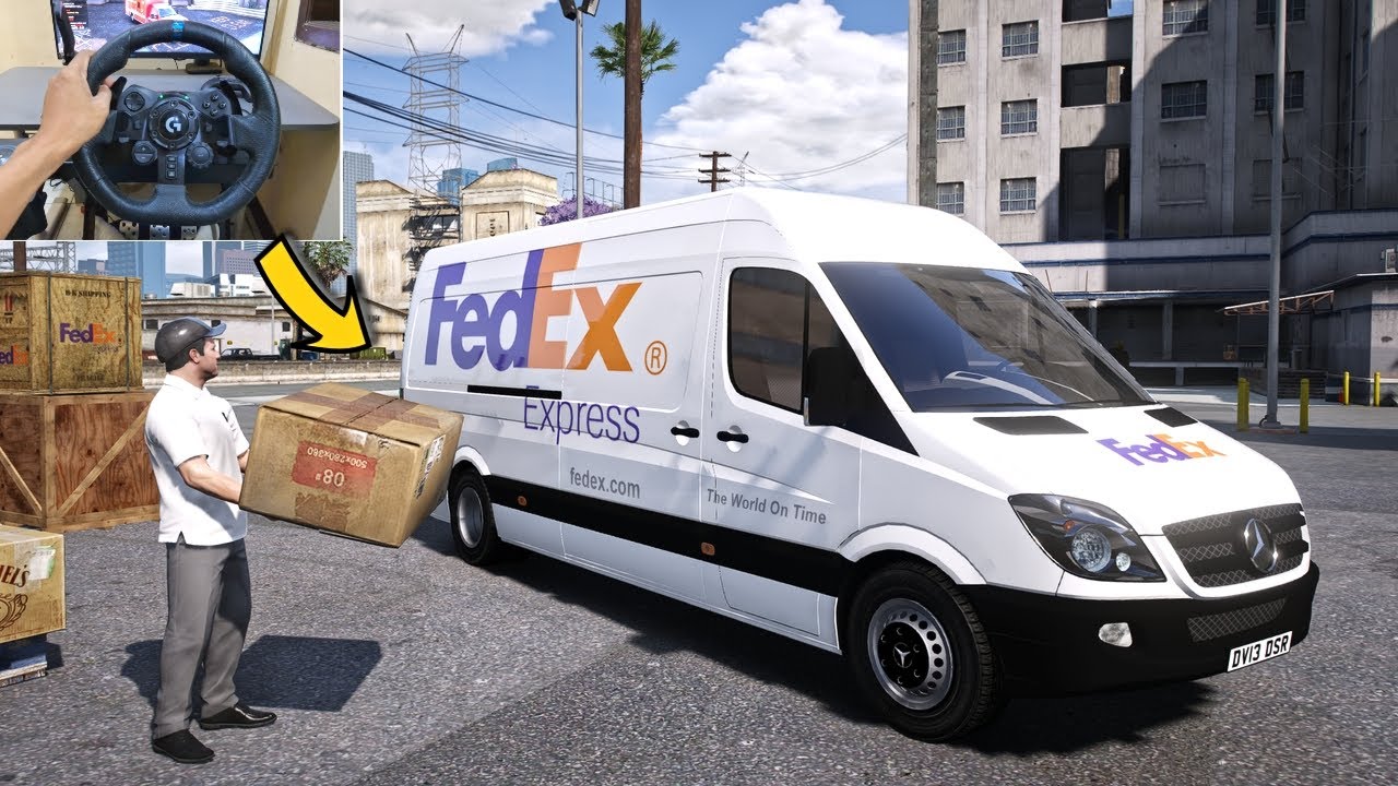 GTA 5 Lets Go To Work as Fedex Express Van Delivery Driver - Steering Wheel Gameplay