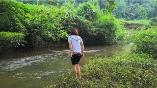 camping alone on the bank of a stream to relax on the weekend