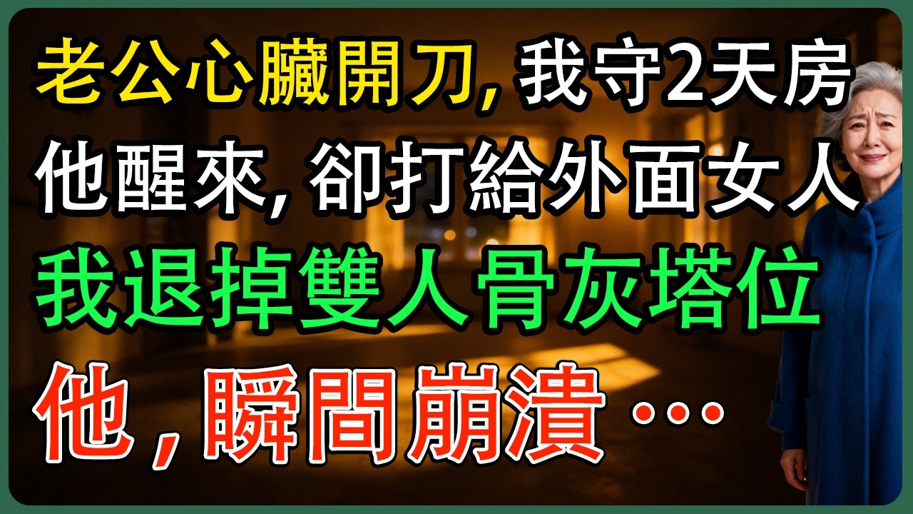 老公心臟開刀，我守2天。他醒來卻打給外面女人，我退掉雙人骨灰塔位，他瞬間崩潰…