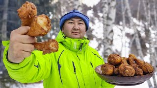 Crispy Fried Kfc Chicken Legs Cooked Outdoors In The Mountains 4K Video