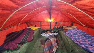 hit by heavy rain all day and all night, sleeping soundly in a warm bamboo cabin relaxing rain sound