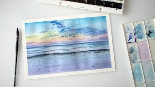 How to paint watercolor seascape, beach sea cloudy sky easy for beginners