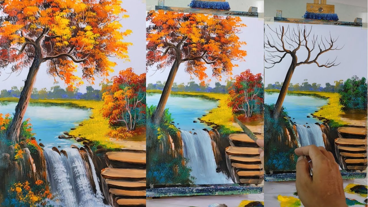 Beautiful Autumn Landscape Painting with Waterfall | Step-by-Step Nature Art