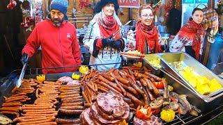 Street Food in Bucharest, Romania. Grilled Meat, Pork Shanks, Giant Sausages