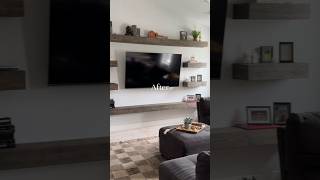 Great Room Makeover // on a budget w/ DIYs including floating shelves, a live edge bar table, & more