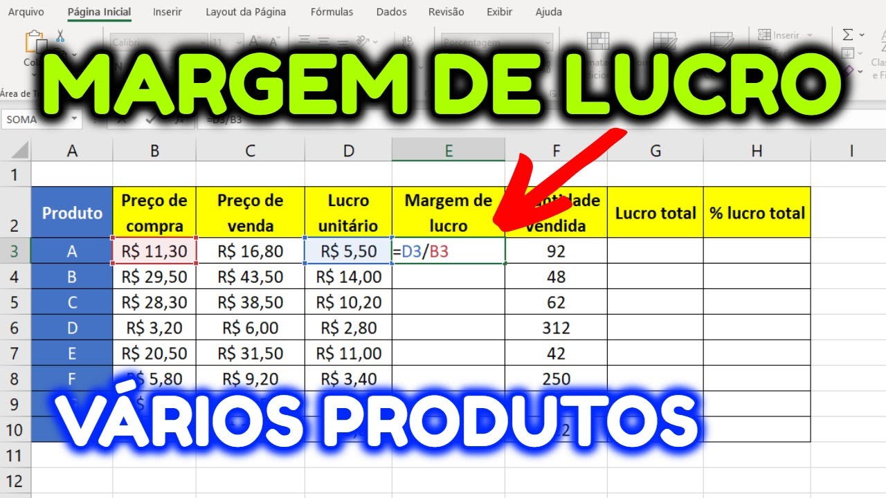 Como Calcular Margem De Lucro De Vários Produtos No Excel Youtube