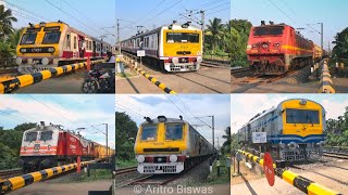 [10 in 1] EMU local trains and express trains dangerously crossing through a level crossing