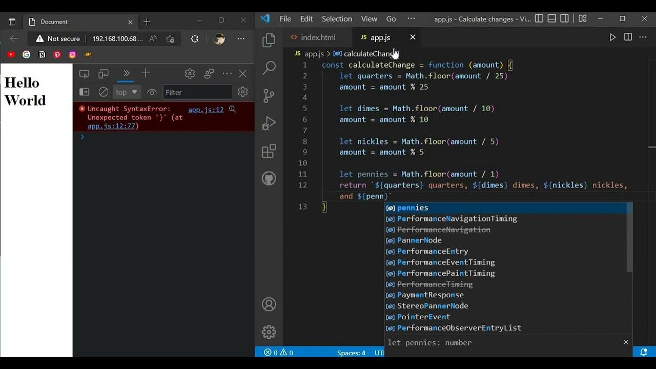 Calculate Change (quarters, dimes, nickles, and pennies) JavaScript