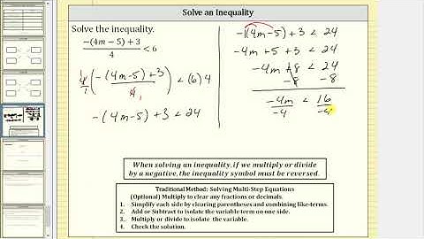 Solve an Inequality (-(4m-5)+3)/4 less than 6