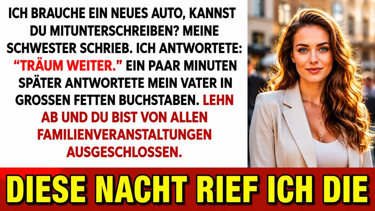 Ich saß gerade über meinen Rechnungen, als Hannas Nachricht hereinkam: „Ich brauche ein neues Auto. Kannst du bürgen?“ Kein Hallo, kein Bitte. Als ich „Träum weiter“ antwortete, drohte mir mein...