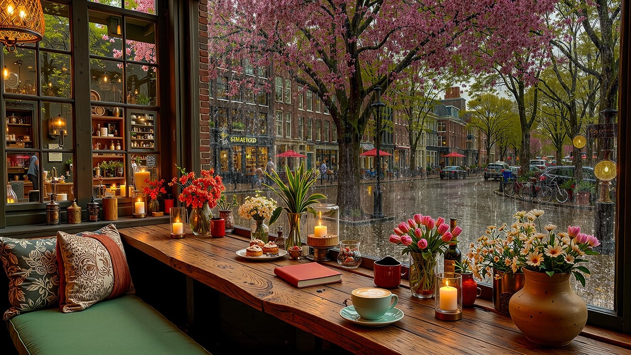Romantic Spring Café Jazz - Rainy Window Coffee Ambience for Relax & Gentle Focus