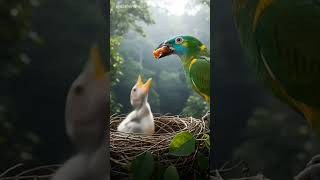 Beautiful Moment Of Mother Bird Feeding Her Chicks