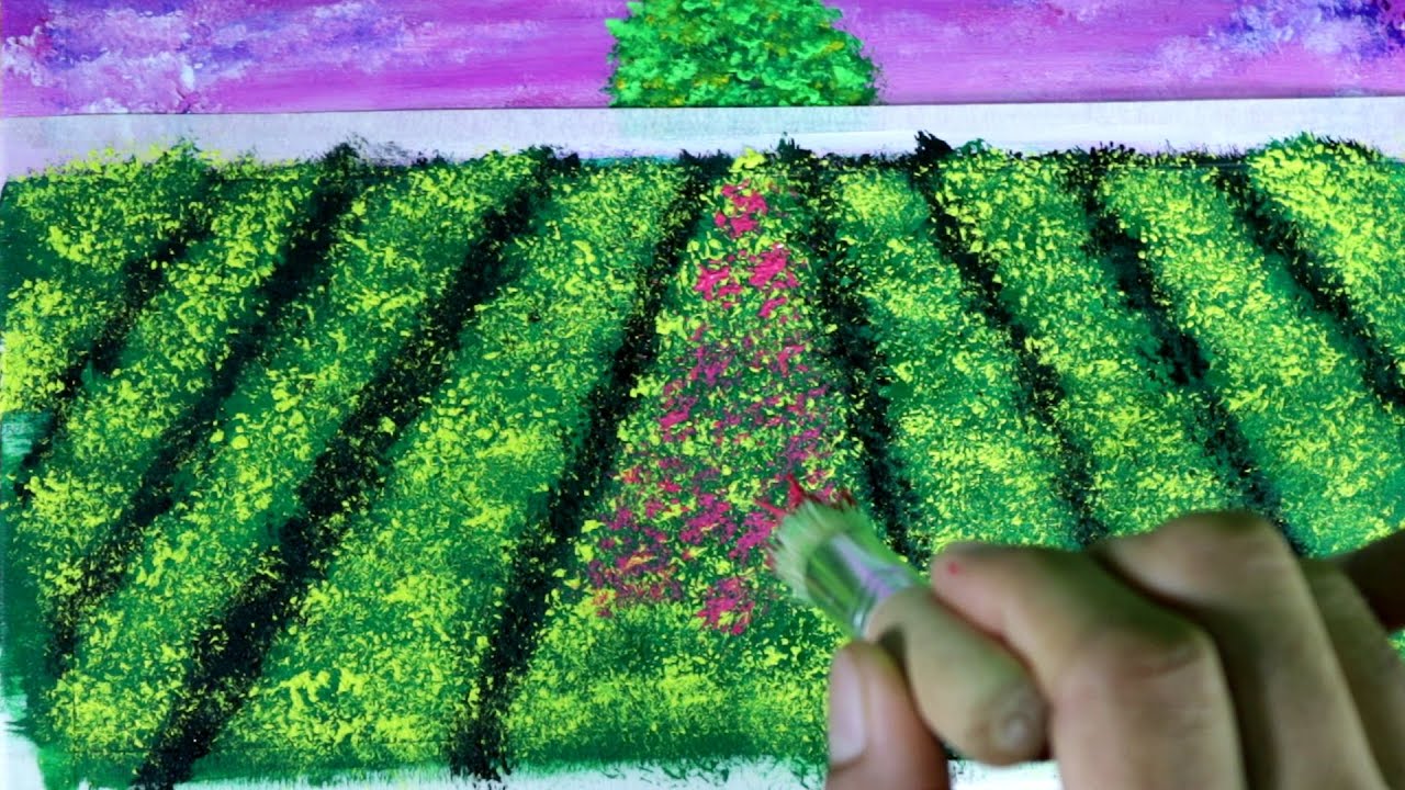 Flower field drawing। Easy Village scenery Drawing । Landscape painting