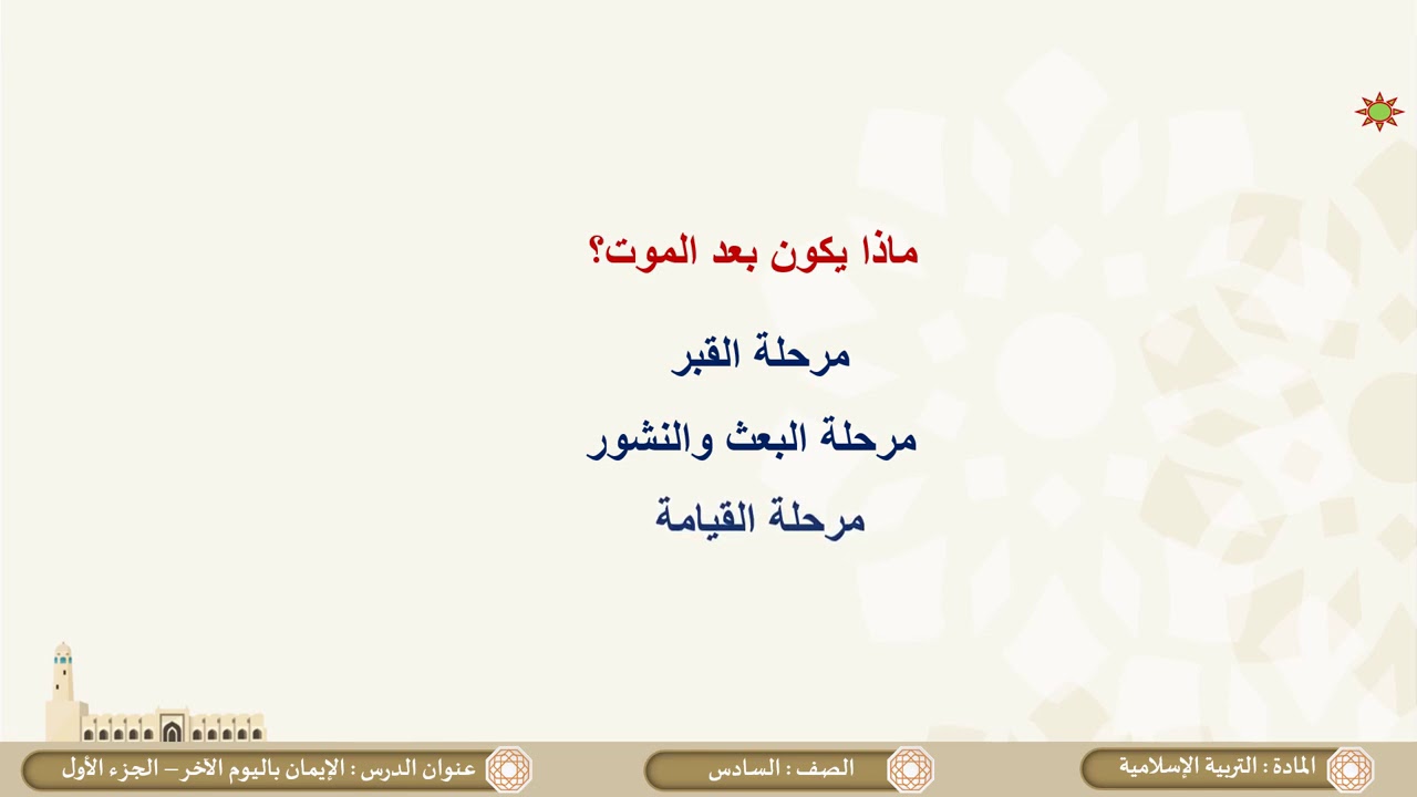 الصف السادس   التربية الإسلامية     الإيمان باليوم الآخر ج1