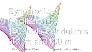 Synchronized Oscillation by 100-tuple Pendulums of 1m and 100m / simulation / chaos