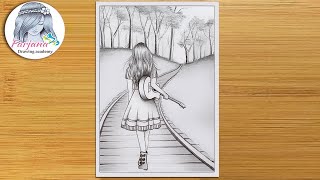 How to draw a scenery of a girl walking alone on a railway line with her guitar  || pencil sketch