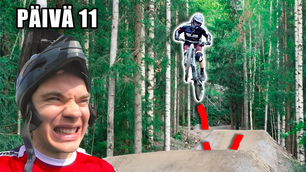 Aloittelija kokeilee hyppyrataa alamäkipyörällä