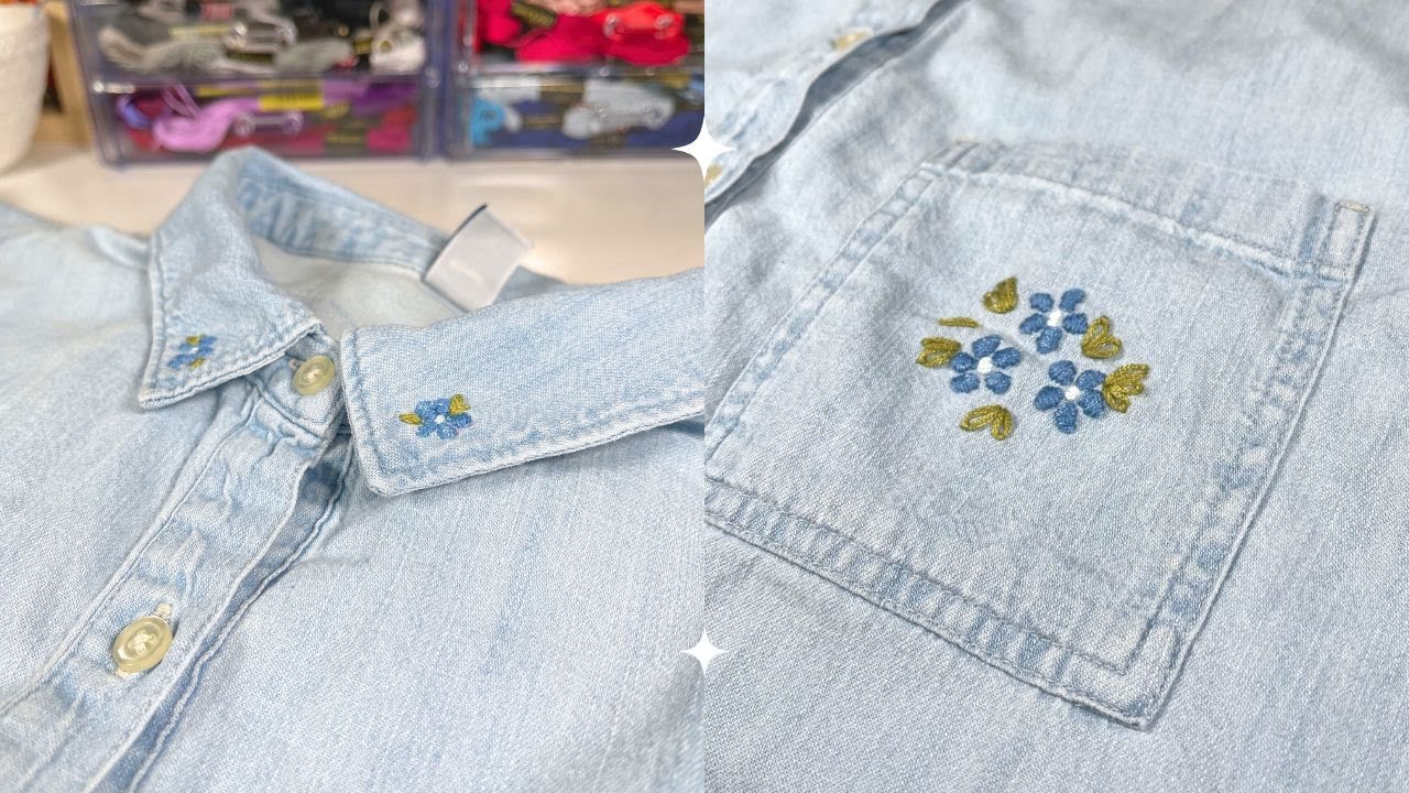 سلسلة التطريز على الملابس| تطريز على بلوزة جينز|  hand embroider on denim shirt