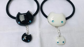 【UVレジン】シロネコさん クロネコさんDEヘアゴム White cat, black cat and parent and child.　Hair rubber