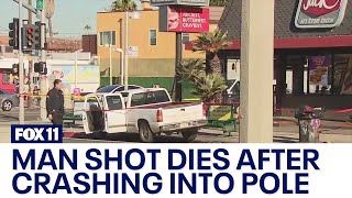 Man killed after being shot, crashing into light pole in South LA