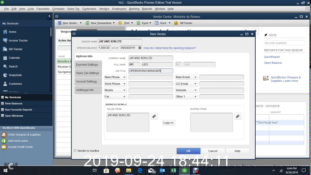 CREATION OF VENDORS IN QUICKBOOKS YouTube