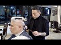 Process of Gray-haired Old Man Becoming Handsome Gentleman. Korean Barber Shop