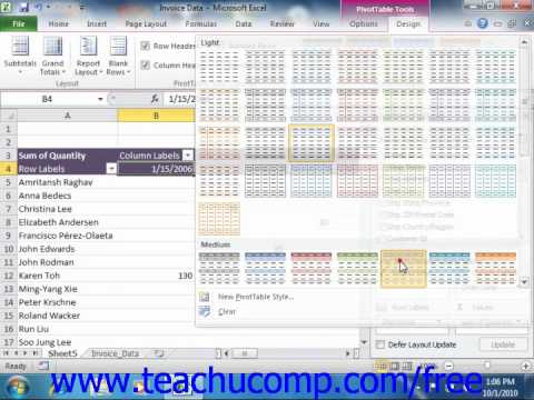 Excel 2010 Tutorial Applying PivotTable Styles Microsoft Training Lesson 22.4