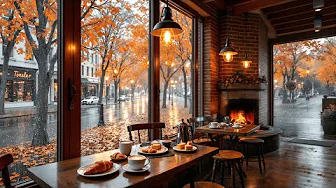 Cozy Autumn Rainy Coffee Shop Ambience & Crackling Fireplace 🍁🔥 Relaxing Jazz Music for Study & Work