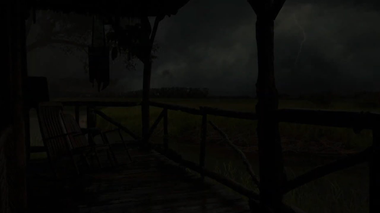 Dark Night Rainfall Under A Porch With Gentle Thunder To Help You Fall Into Deep Sleep