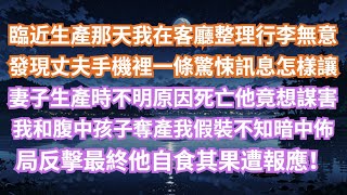 [深夜淺談] 臨近生產那天，我在客廳整理行李，無意發現丈夫手機裡一條驚悚訊息：「怎樣讓妻子生產時不明原因死亡？」他竟想謀害我和腹中孩子奪產！我假裝不知，暗中佈局反擊，最終他自食其果，遭報應！#情感故事