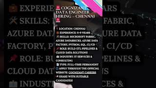 🚨 Cognizant Data Engineer Hiring in Chennai | 6–9 Years |Apply Now #Cognizant #DataEngineer #chennai