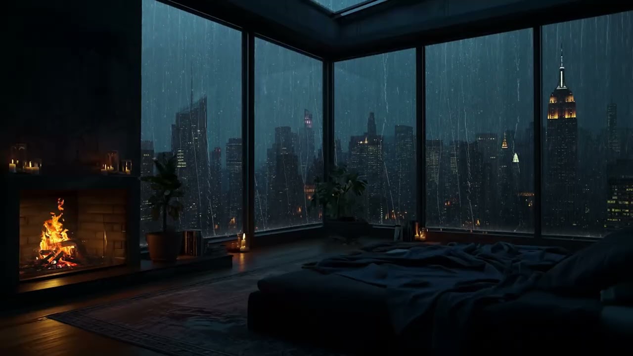 Cozy New York Bedroom Rain 🌧️ Fireplace & Window Sounds for Deep Sleep and Insomnia Relief