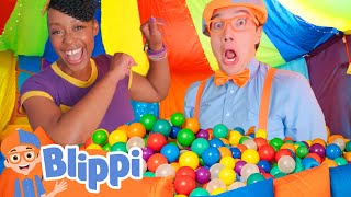 blippi meekah build a rainbow color ball pit blippi learn colors and science