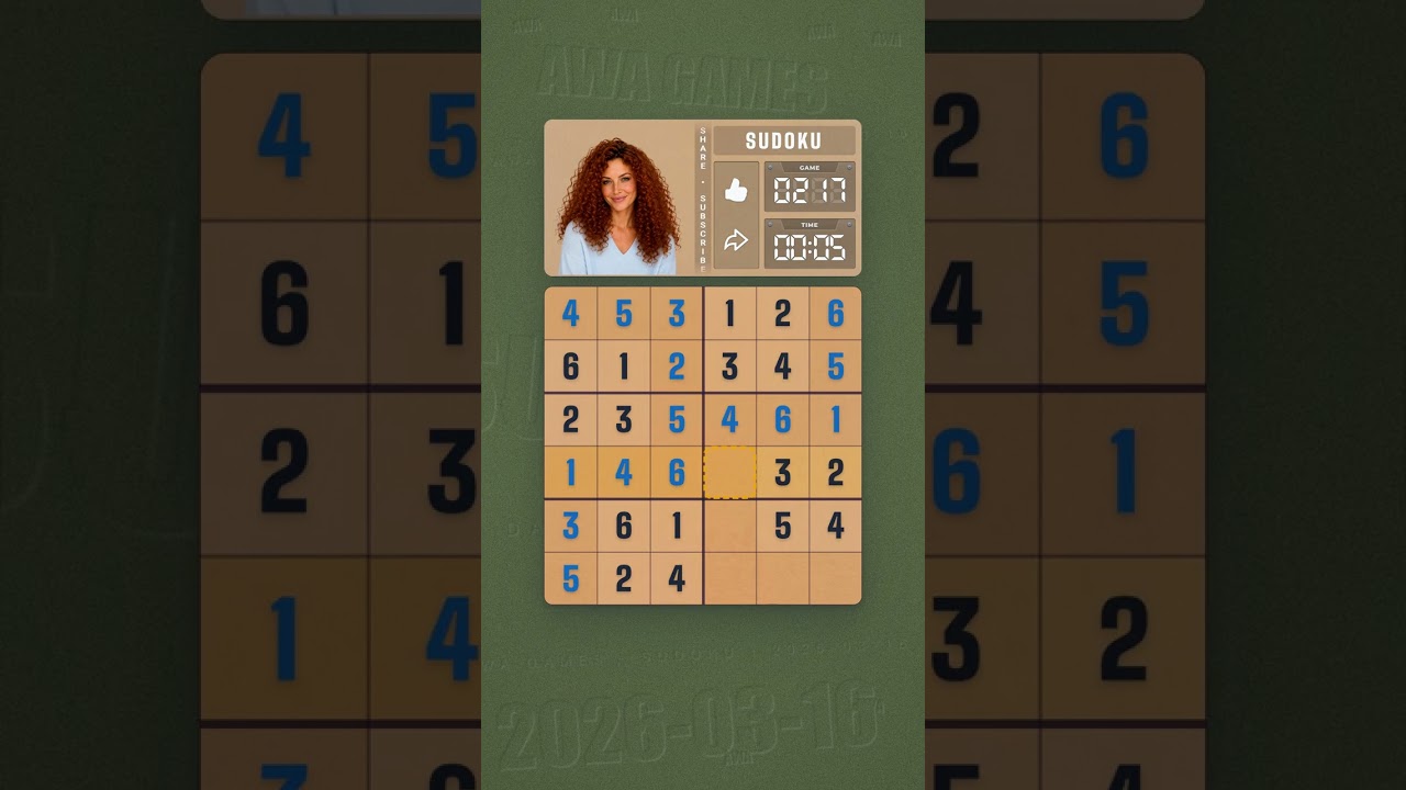 LinkedIn Mini Sudoku #217 solved board for March 16, 2026, 6x6 grid