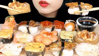 ASMR MUKBANG SUSHI PLATTER🍣 SALMON MENTAI, EBI MENTAI, VOLCANO ROLL, UNAGI SUSHI, SPICY HANA SALMON