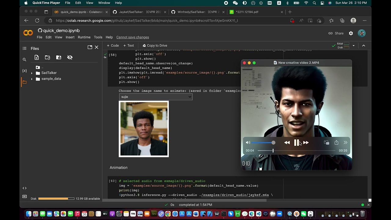 Sadtalker: Image + audio to video AI model demo.