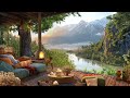 Gentle jazz music in balcony treehouse  spring riverside ambience in the morning for good mood