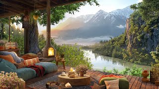 Gentle Jazz Music in Balcony Treehouse 🌳 Spring Riverside Ambience in the Morning for Good Mood