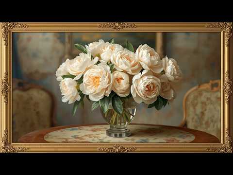 Vintage Soft Light Pastel Peonies Oil Painting | Elegant Gold Frame | Floral Art 4K