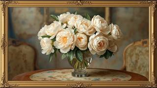 Vintage Soft Light Pastel Peonies Oil Painting | Elegant Gold Frame | Floral Art 4K screenshot 3