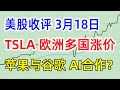 美股收评0318 TSLA欧洲多国涨价 苹果与谷歌AI合作？