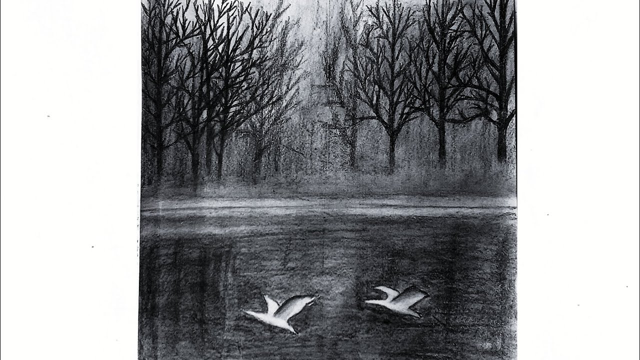 Pencil Drawing of Nature Scenery | Step-by-Step Lake and Water Reflection Sketch