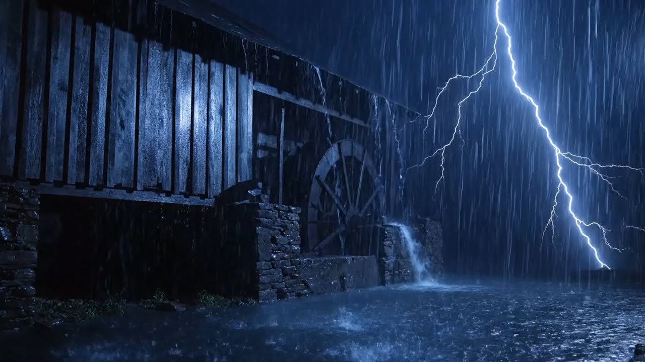 Midnight Rain Hammering an Abandoned Water Mill — Dark River Storm for Deep Sleep