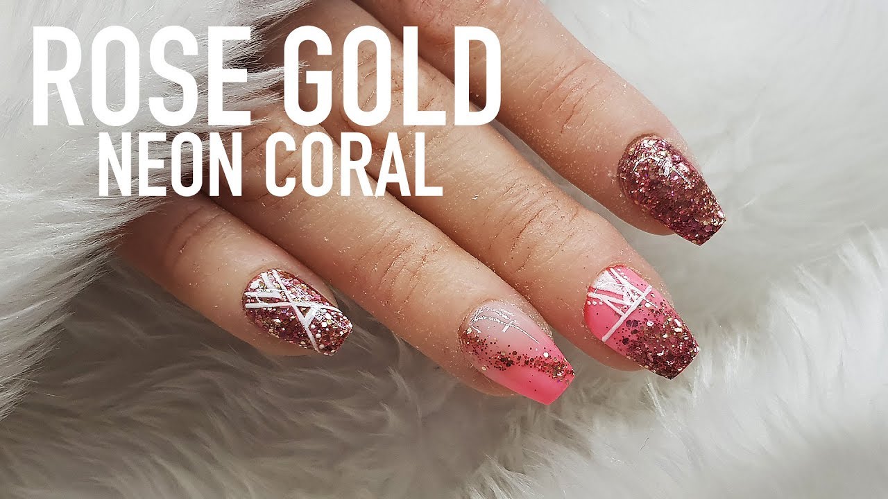 SHORT ACRYLIC NAILS ROSE GOLD AND CORAL BABY COFFIN SHAPE - YouTube.