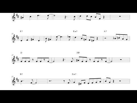 Image 1 (Bars 1–8)  Alt text: All of Me jazz etude bars 1–8 focusing on chord tones and simple syncopation for beginners  Image 2 (Bars 9–16)  Alt text: All of Me jazz etude bars 9–16 showing chord note targeting and basic jazz phrasing  Image 3 (Bars 17–24)  Alt text: All of Me jazz etude bars 17–24 using chord tones, a Sweet Georgia Brown style lick, and simple diminished language  Image 4 (Bars 25–32)  Alt text: All of Me jazz etude bars 25–32 demonstrating enclosures, chord tone targeting, and beginner jazz language