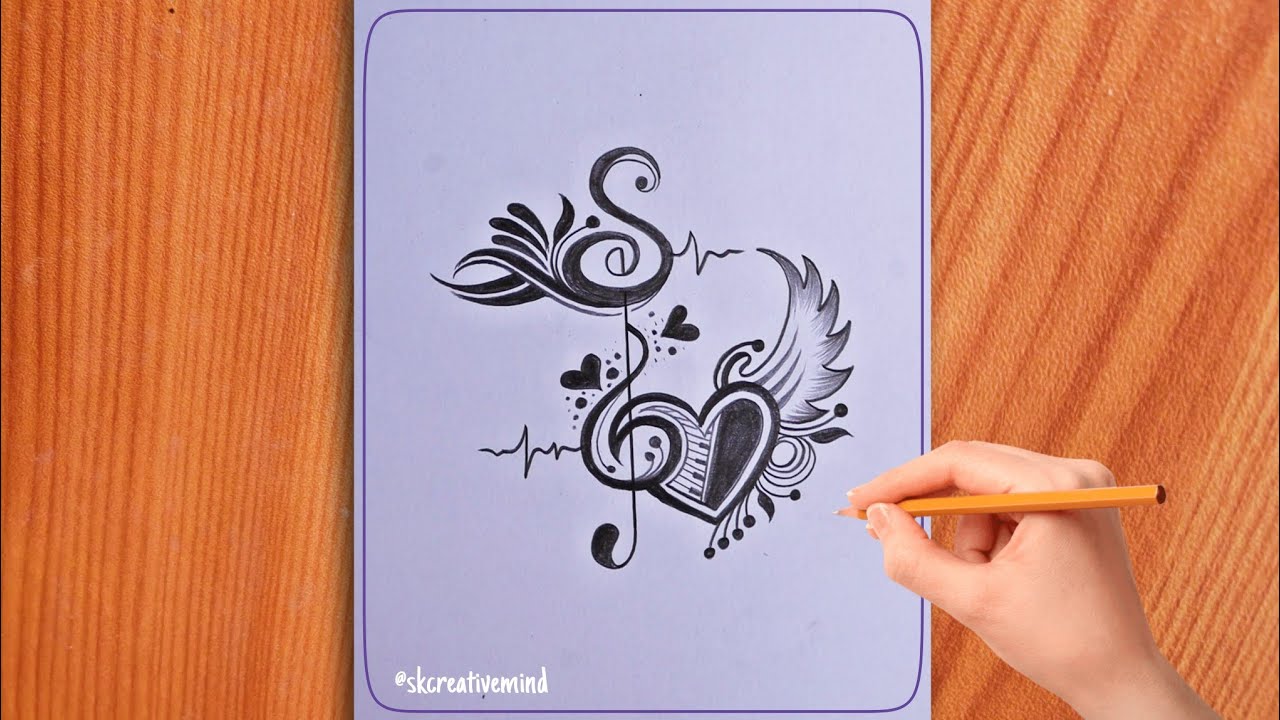 simple S letter drawing with music simbol & flying heart || best s ...