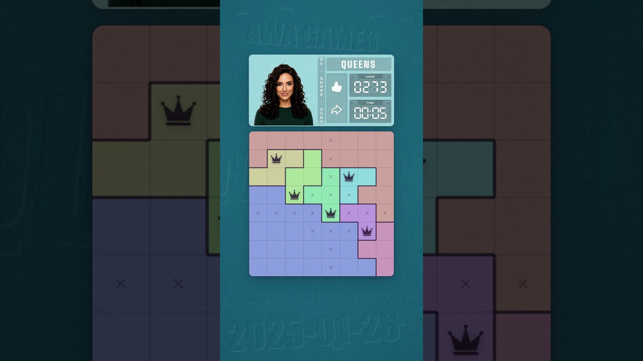 LinkedIn Queens #273 solved board for January 28, 2025, 8x8 grid