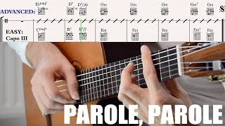 Video thumbnail of "PAROLE PAROLE Guitar Chords (Easy + Advanced) Free pdf LYRICS"