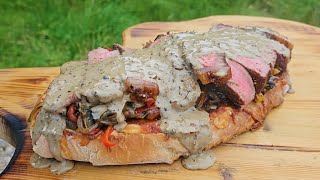 Culinary masterpiece for true gourmets: a giant XXXL SIRLION steak sandwich  (ASMR cooking)