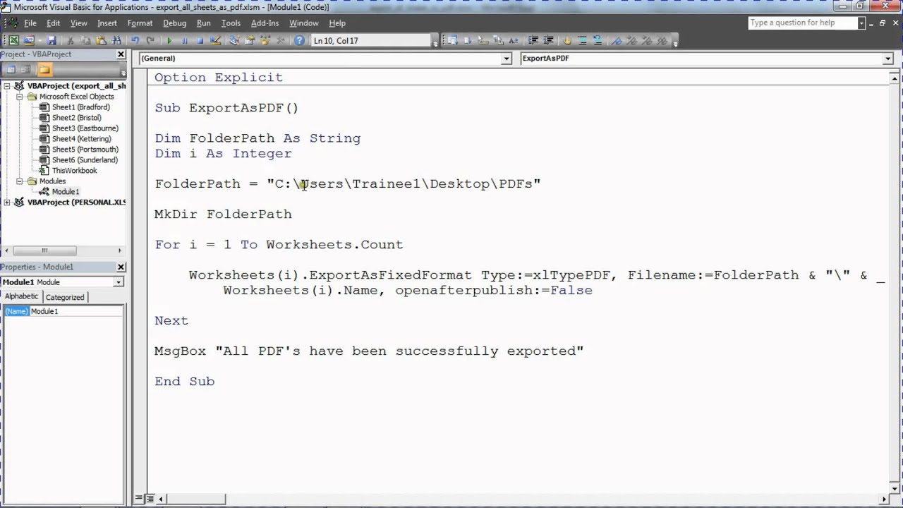 Export All Sheets to PDF - Excel VBA - YouTube